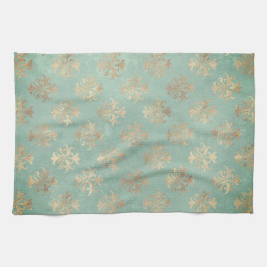 Fleur de lis gold and blauwgroen green  patina theedoek (Horizontaal)