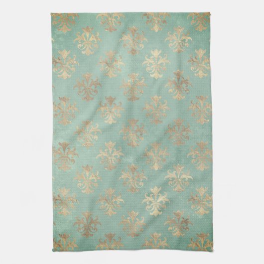 Fleur de lis gold and blauwgroen green  patina theedoek (Verticaal)