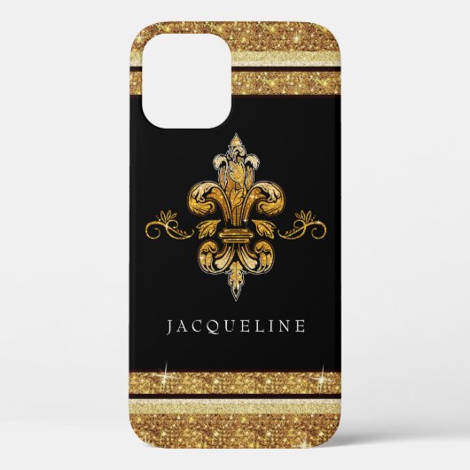 Fleur de Lis Gold Glitter Black Elegant French Case-Mate iPhone Case (Achterkant)