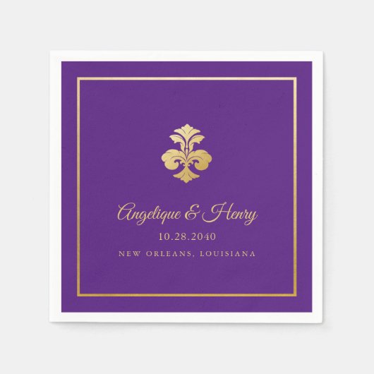 Fleur de Lis Gold Paars Elegant gepersonaliseerd Servet (Voorkant)