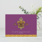 Fleur de Lis Gold Paarse Elegant Formal Wedding Kaart (Staand voorkant)