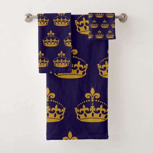 Fleur De Lis Golden Crown Royalty Lily Flower Navy Bad Handdoek (Insitu)