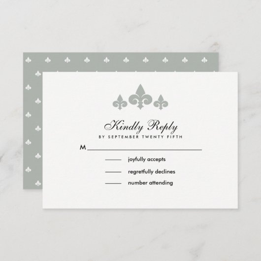 Fleur-de-lis Gray White Wedding RSVP Kaarten (Voorkant / Achterkant)