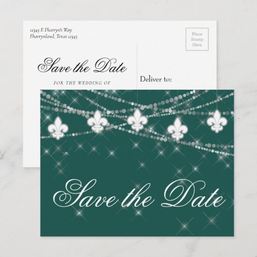 Fleur de Lis Green Lights | Vet Gedekte bruiloft Aankondigingskaart (Voorkant / Achterkant)