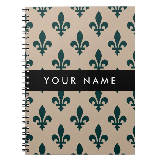 Fleur de Lis, Green on Beige, Royal, Your Name Notitieboek (Voorkant)