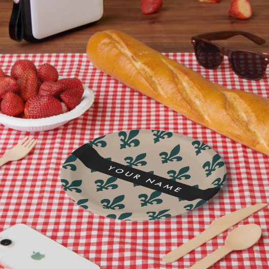 Fleur de Lis, Green on Beige, Royal, Your Name Papieren Bordje (Picknick)