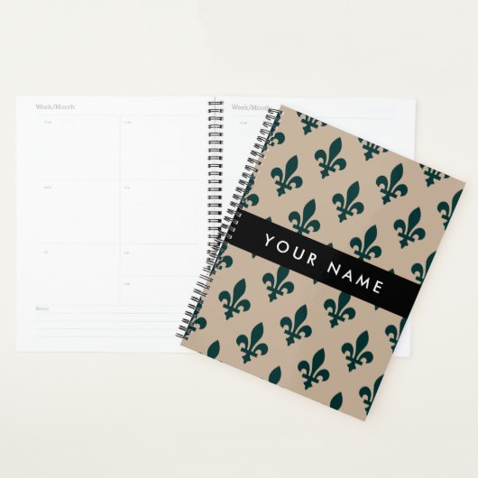 Fleur de Lis, Green on Beige, Royal, Your Name Planner (Display)