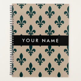Fleur de Lis, Green on Beige, Royal, Your Name Planner