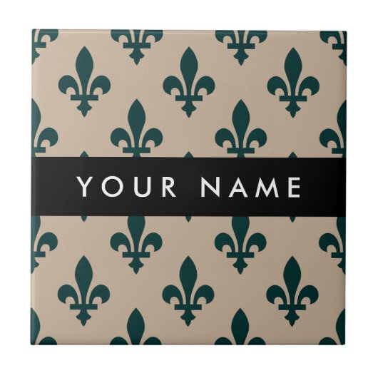Fleur de Lis, Green on Beige, Royal, Your Name Tegeltje (Voorkant)