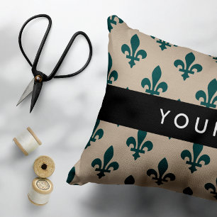 Fleur de Lis, Groen op Beige, Koninklijk, Uw Naam Accent Kussen
