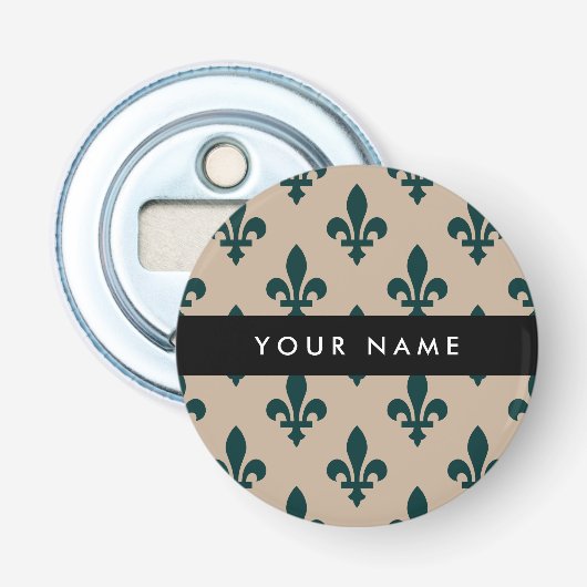 Fleur de Lis, Groen op Beige, Koninklijk, Uw Naam Button Flesopener (Voorkant)