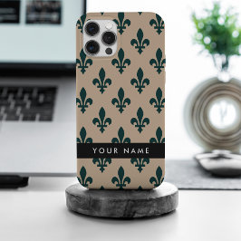 Fleur de Lis, Groen op Beige, Koninklijk, Uw Naam iPhone 15 Pro Max Hoesje