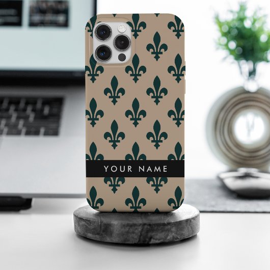 Fleur de Lis, Groen op Beige, Koninklijk, Uw Naam Case-Mate iPhone Case