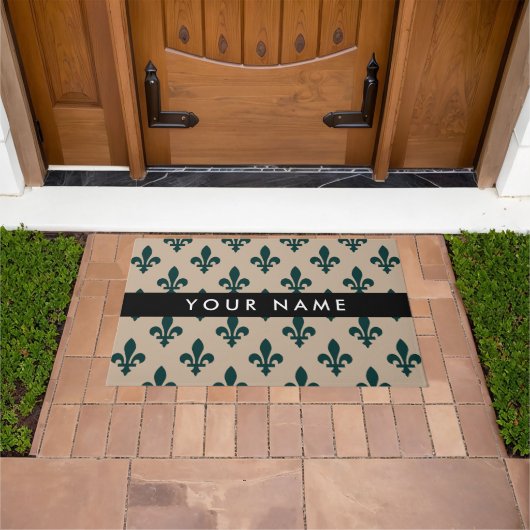 Fleur de Lis, Groen op Beige, Koninklijk, Uw Naam Deurmat (Buiten)