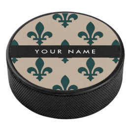 Fleur de Lis, Groen op Beige, Koninklijk, Uw Naam Hockey Puck