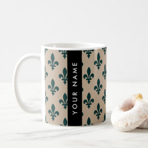 Fleur de Lis, Groen op Beige, Koninklijk, Uw Naam Koffiemok