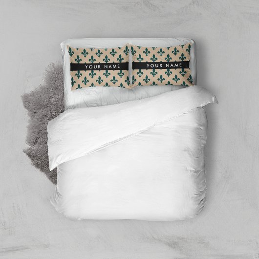 Fleur de Lis, Groen op Beige, Koninklijk, Uw Naam Kussensloop