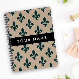 Fleur de Lis, Groen op Beige, Koninklijk, Uw Naam Notitieboek