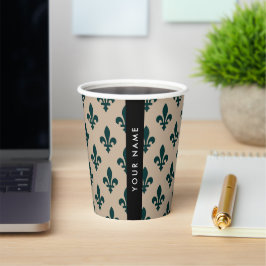 Fleur de Lis, Groen op Beige, Koninklijk, Uw Naam Papieren Bekers