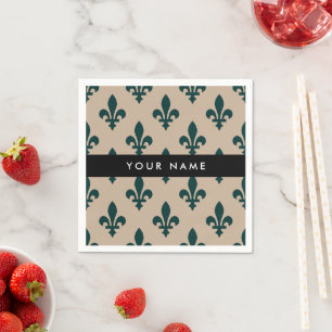 Fleur de Lis, Groen op Beige, Koninklijk, Uw Naam Servet