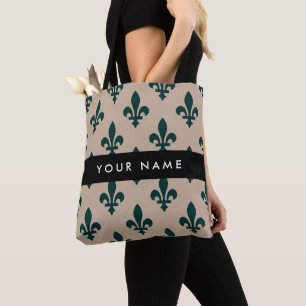 Fleur de Lis, Groen op Beige, Koninklijk, Uw Naam Tote Bag