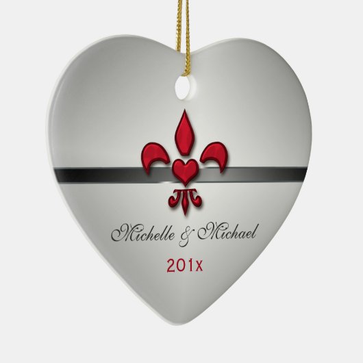 Fleur de Lis Heart Our First KerstWhite Keramisch Ornament (Rechts)