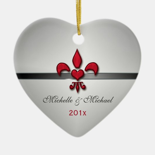 Fleur de Lis Heart Our First KerstWhite Keramisch Ornament (Voorkant)