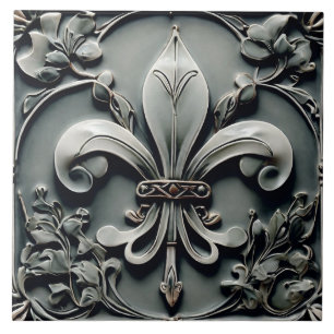 Fleur de Lis Houtskool Grijs Donkergrijs Faux Reli Tegeltje