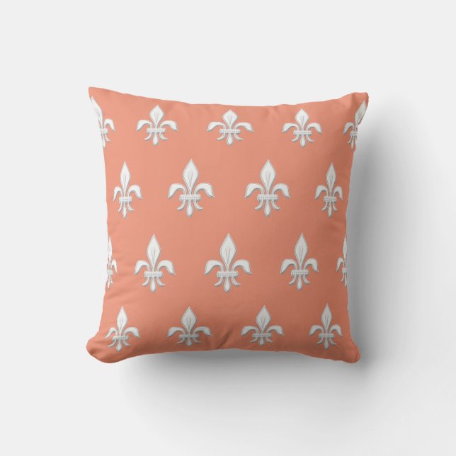 Fleur de Lis in White op Light Coral Pink / Peach Kussen (Voorkant)