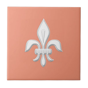 Fleur de Lis in White op Light Coral Pink / Peach Tegeltje