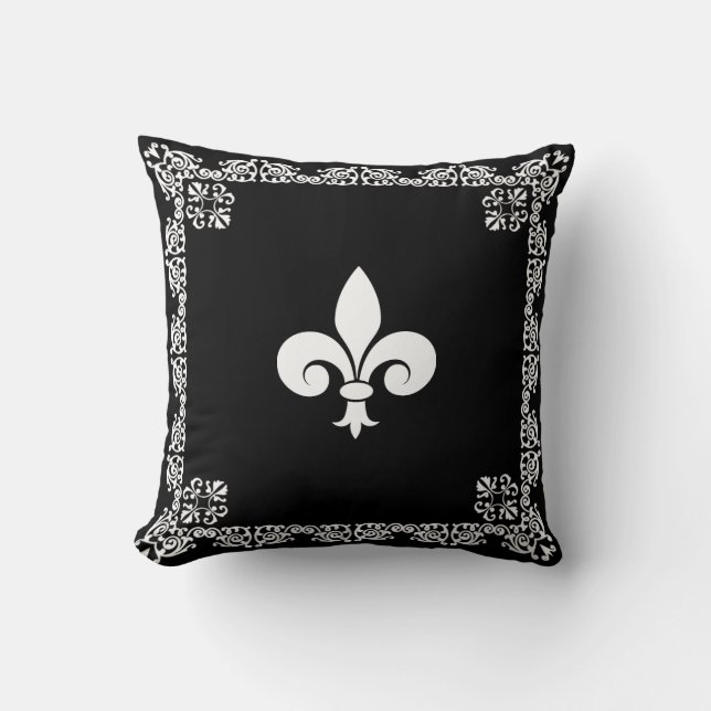 Fleur de Lis in wit en Lijst op zwart Kussen (Voorkant)