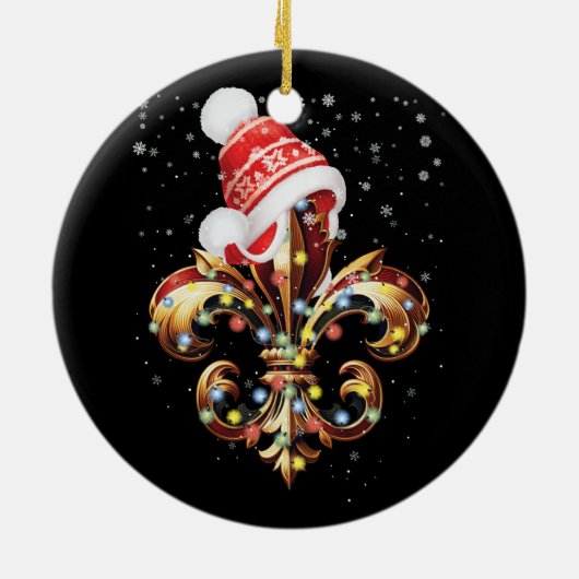 Fleur de Lis kerstversiering met kerstmuts XMA Keramisch Ornament (Achterkant)