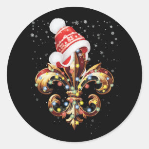 Fleur de Lis kerstversiering met kerstmuts XMA Ronde Sticker