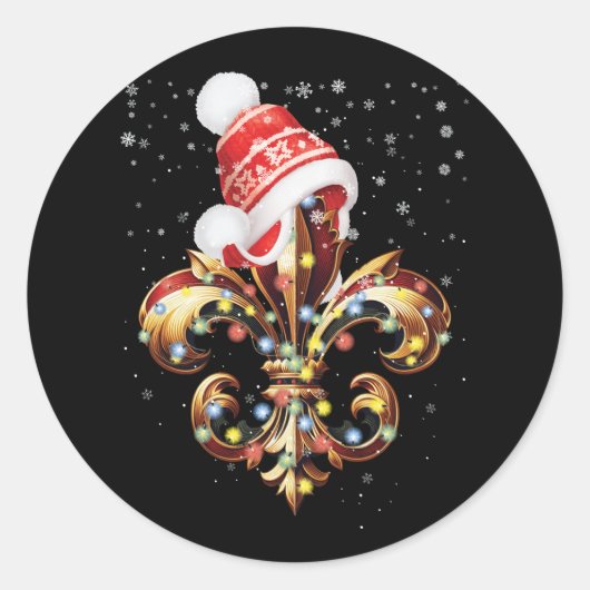 Fleur de Lis kerstversiering met kerstmuts XMA Ronde Sticker (Voorkant)