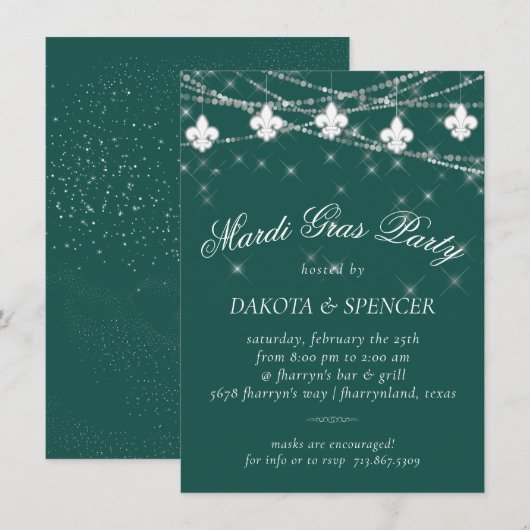 Fleur de Lis Lights | Groene Mardi Gras Party Kaart (Voorkant / Achterkant)