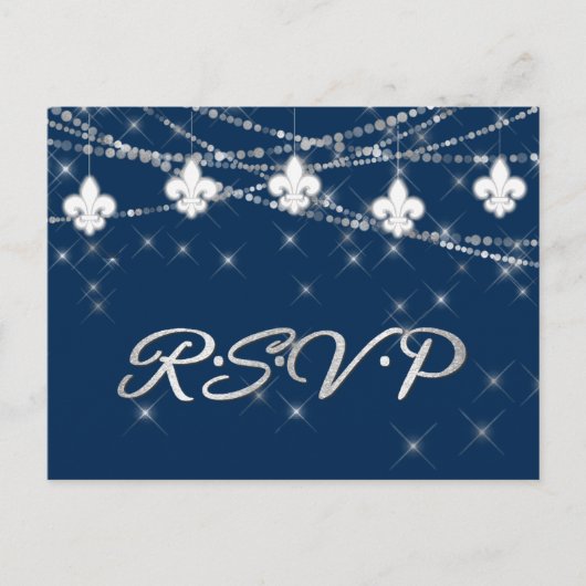 Fleur de Lis Lights | Navy Cobalt RSVP Maaltijd ke Uitnodiging Briefkaart (Voorkant)