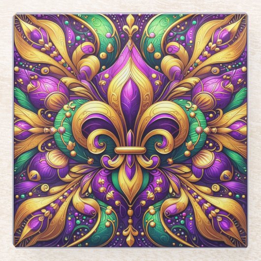 Fleur de Lis Mardi Gras Glazen Onderzetter (Voorkant)