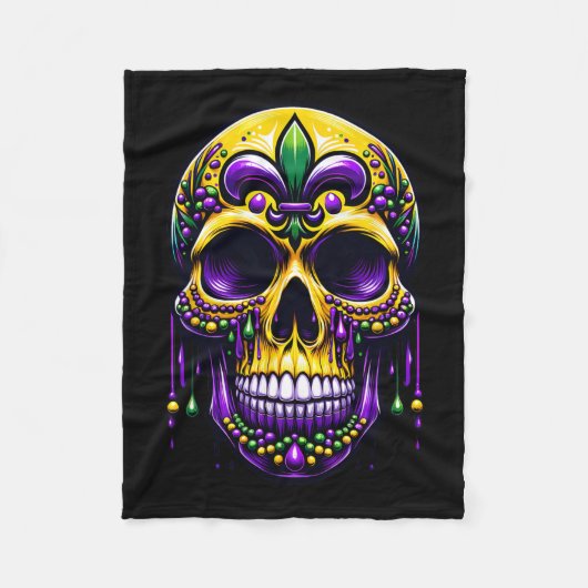 Fleur de Lis Mardi Gras Skull New Orleans Carnaval Fleece Deken (Voorkant)