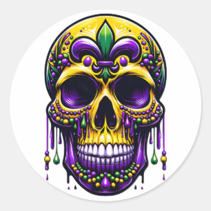 Fleur de Lis Mardi Gras Skull New Orleans Carnaval Ronde Sticker