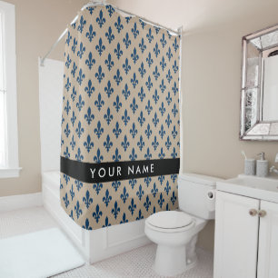 Fleur de Lis, marineblauw op beige, koninklijk, uw Douchegordijn