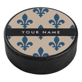 Fleur de Lis, marineblauw op beige, koninklijk, Uw Hockey Puck