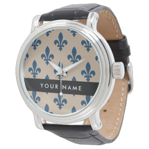 Fleur de Lis, marineblauw op beige, koninklijk, uw Horloge
