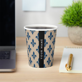Fleur de Lis, marineblauw op beige, koninklijk, Uw Papieren Bekers