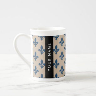 Fleur de Lis, marineblauw op beige, koninklijk, Uw Porselein Kop
