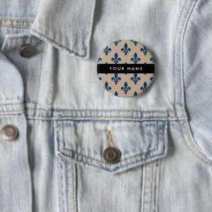 Fleur de Lis, marineblauw op beige, Koninklijk, Uw Ronde Button 5,7 Cm