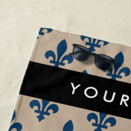 Fleur de Lis, marineblauw op beige, koninklijk, Uw Strandlaken