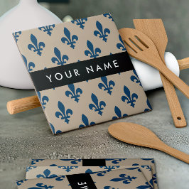 Fleur de Lis, Marineblauw op Beige, Koninklijk, Uw Tegeltje