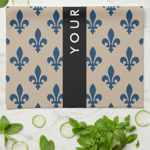 Fleur de Lis, Marineblauw op Beige, Koninklijk, Uw Theedoek