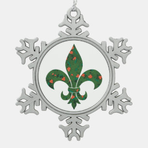 Fleur de Lis met Holly en Berries Tin Sneeuwvlok Ornament