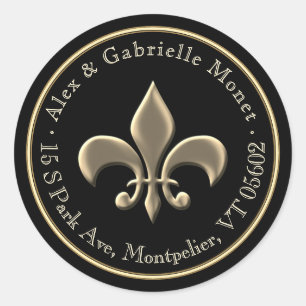 Fleur de Lis Metallic Gold Black Return Address Ronde Sticker